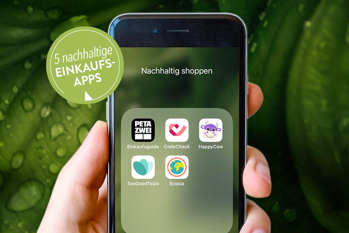 Eine Hand hält ein Smartphone, mit nachhaltigen Shopping-Apps auf dem Display