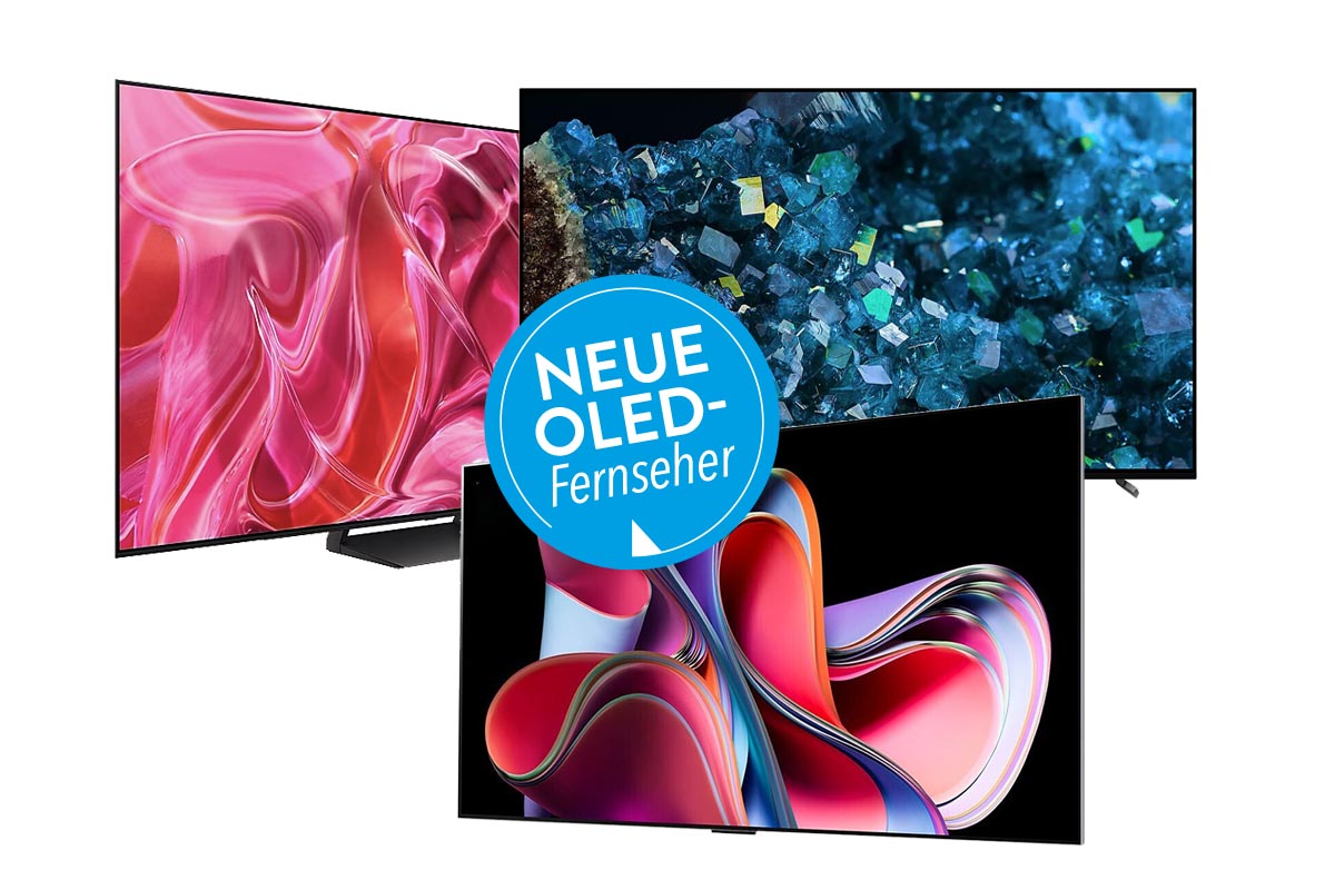 Drei OLED-Fernseher mit bunten Bildschirmen auf weißem Hintergrund; in der Mitte ein blauer Sticker mit weißer Schrift "Neue OLED-Fernseher"