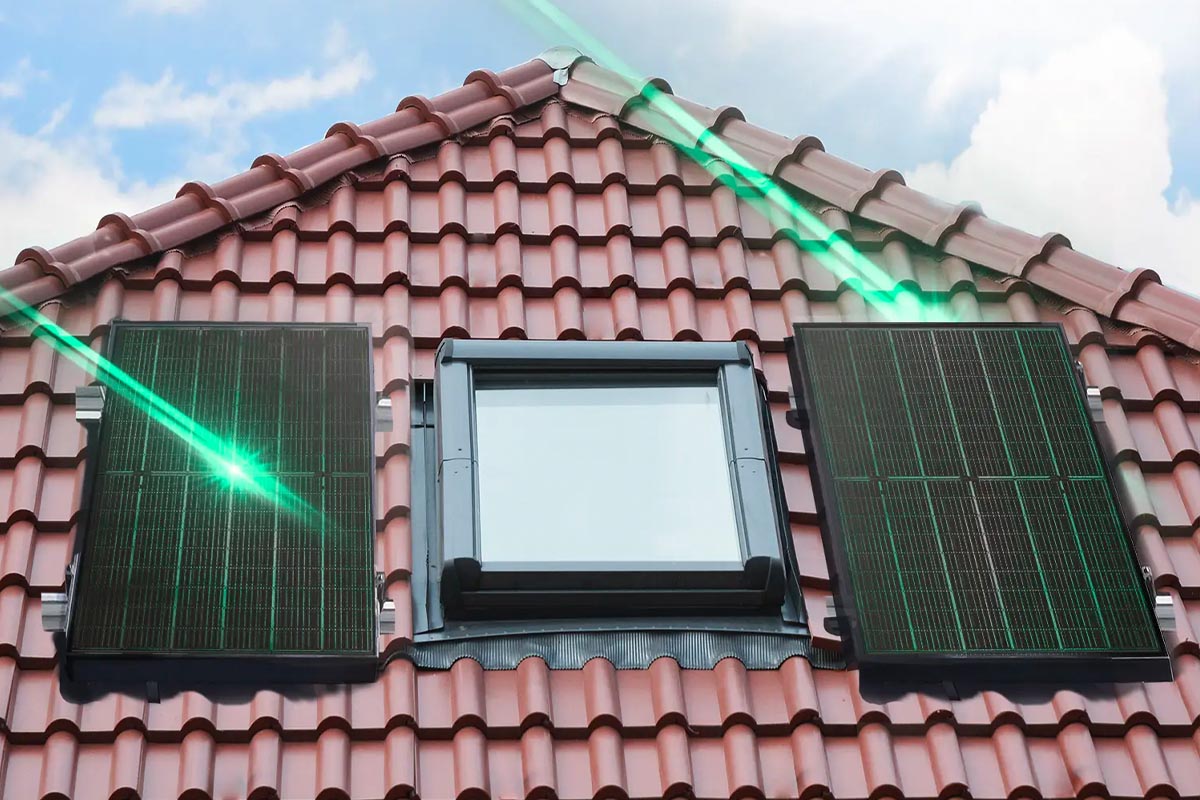 Zwei Solarpanels neben einem Dachschrägenfenster. Die Sonnenstrahlen sind mit grünen Linien schematisch eingezeichnet.