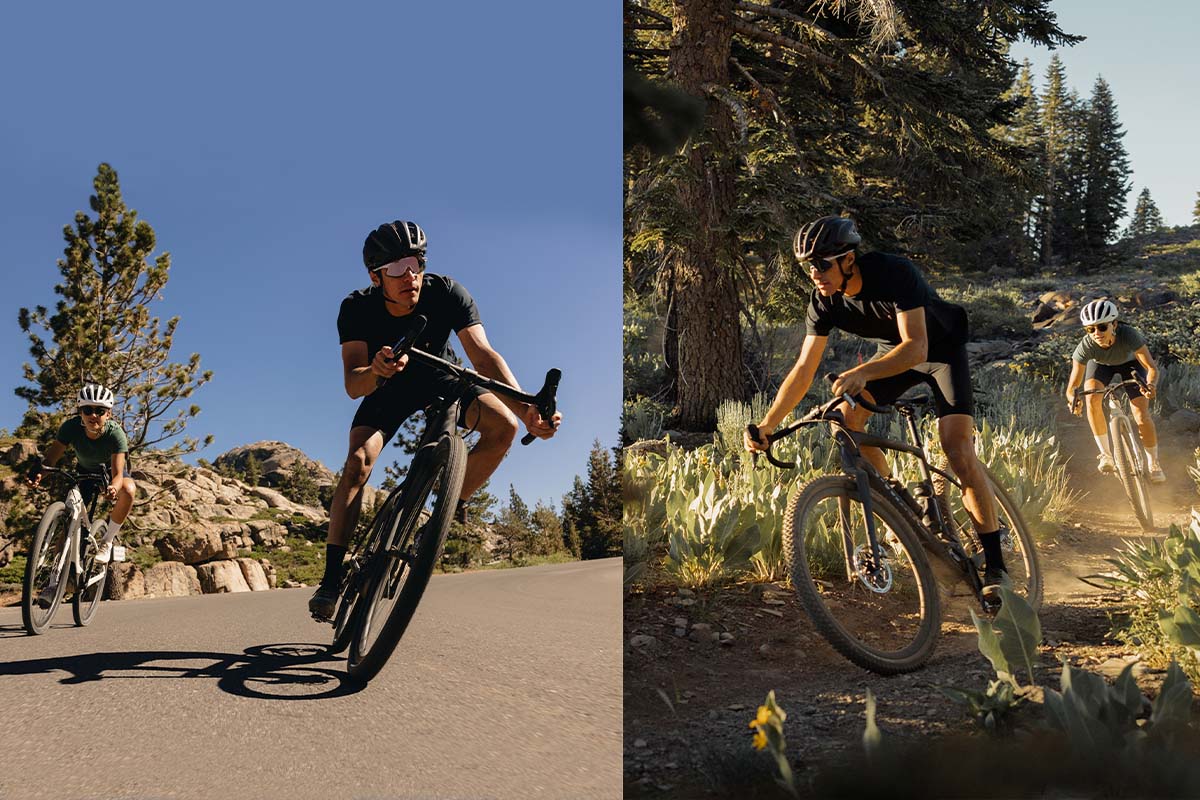 zweigeteiltes bild: links zwei Fahrer mit einem E-Gravelbike auf einer Asphaltstraße, rechts zwei Fahrer mit einem E-Gravelbike auf einem Natur-Trail