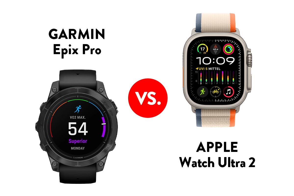 Smartwatch von Garmin und Apple auf weißem Grund.