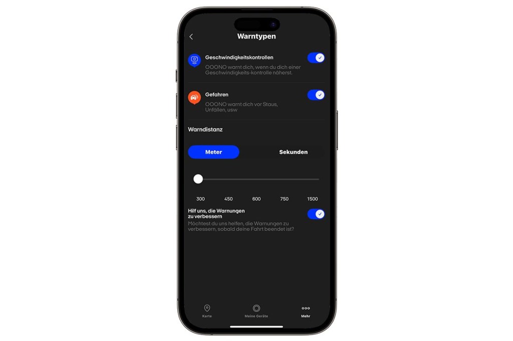 Die Warndistanz in Metern und Sekunden ist auch sehr gut einstellbar.