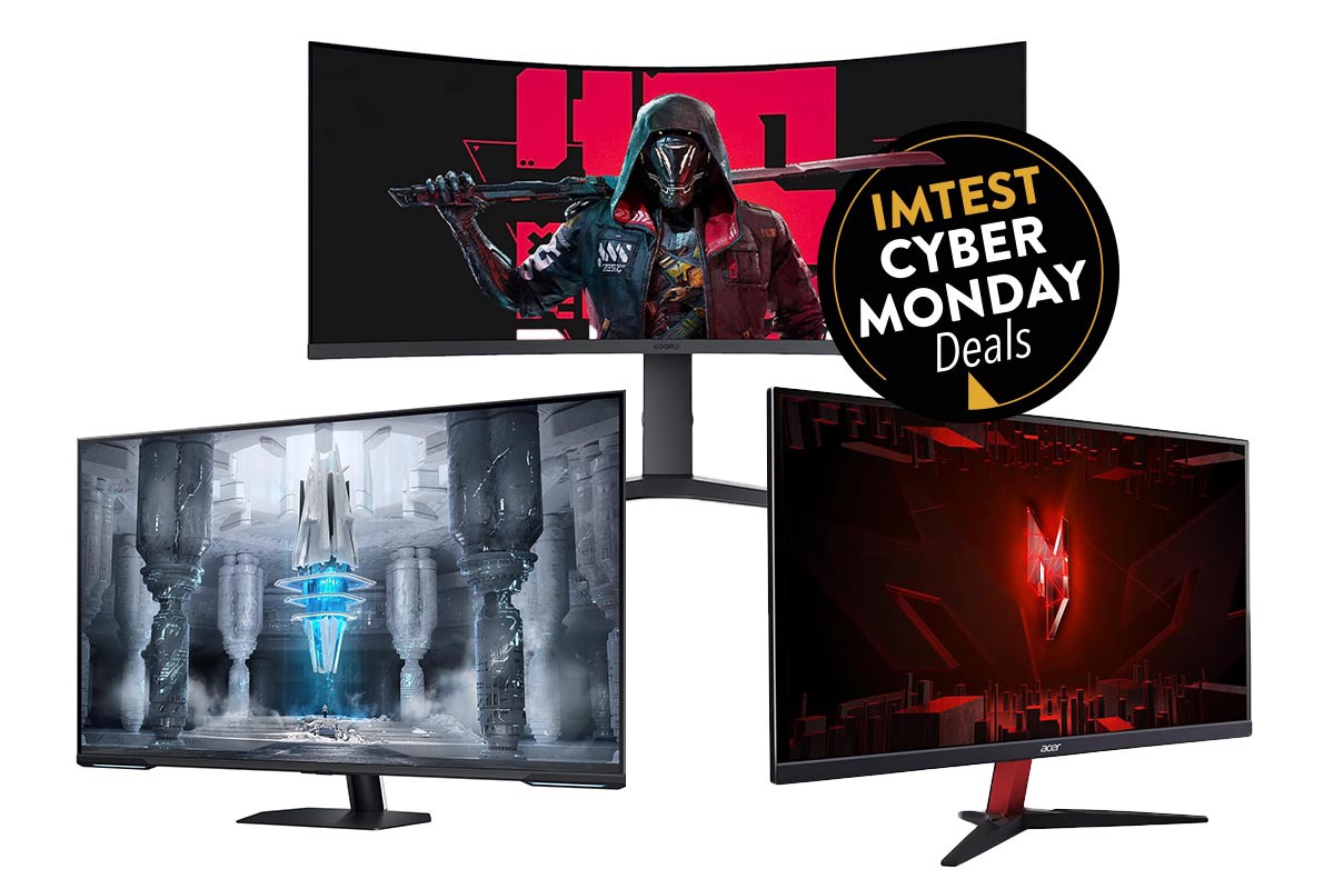 Drei Gaming Monitore in einer Kollage auf weißem Hintergrund, dazu der Cyber Monday Button