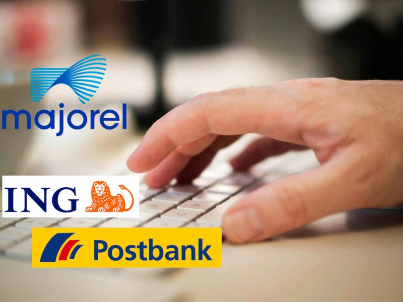 Hand tippt auf Tastatur, daneben Logos von ING, Postbank und Majorel