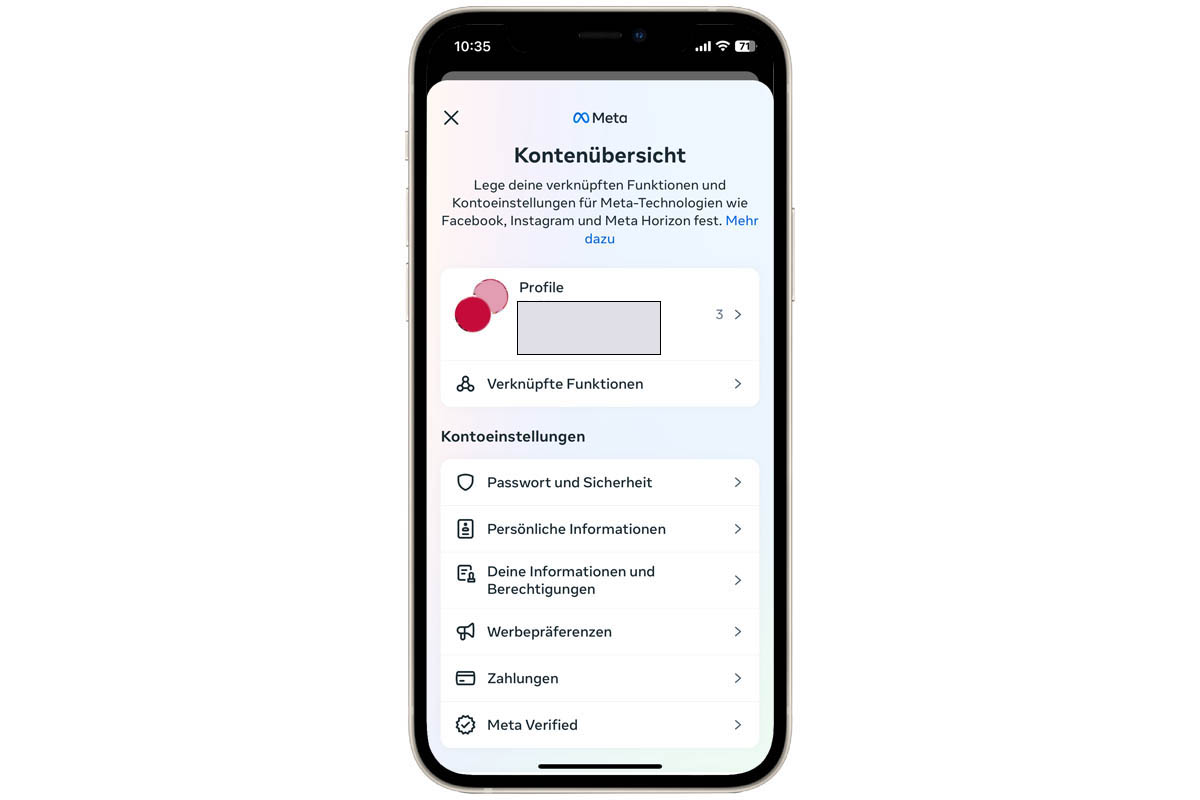 Screenshot Meta Kontoeinstellungen