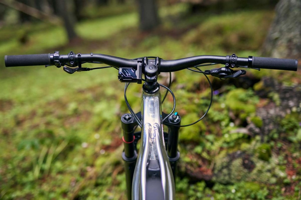 Blick auf den Lenker eine E-Mountainbikes, Wald im Hintergrund