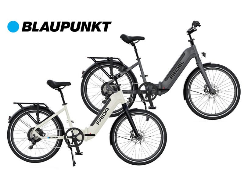 Falt-E-Bikes von Blaupunkt auf weißem Grund.