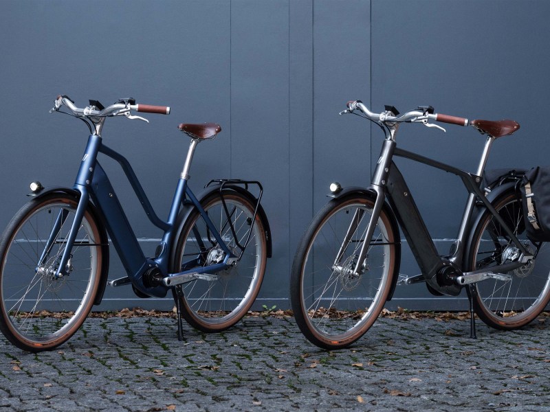 zwei E-Bikes stehen nebeneinander vor einem blauen Tor