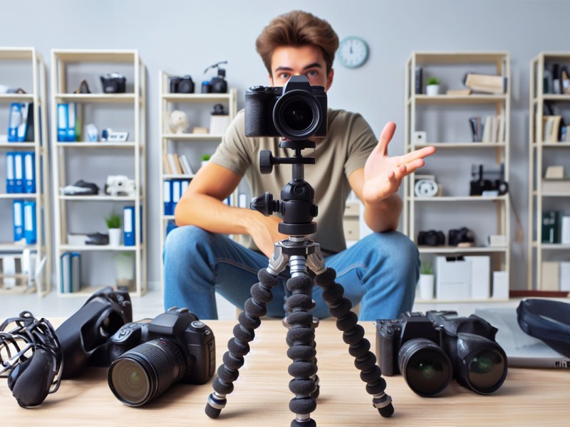 Junger Mann vor einer Auswahl von Kameras, eine davon auf Stativ aufgebaut