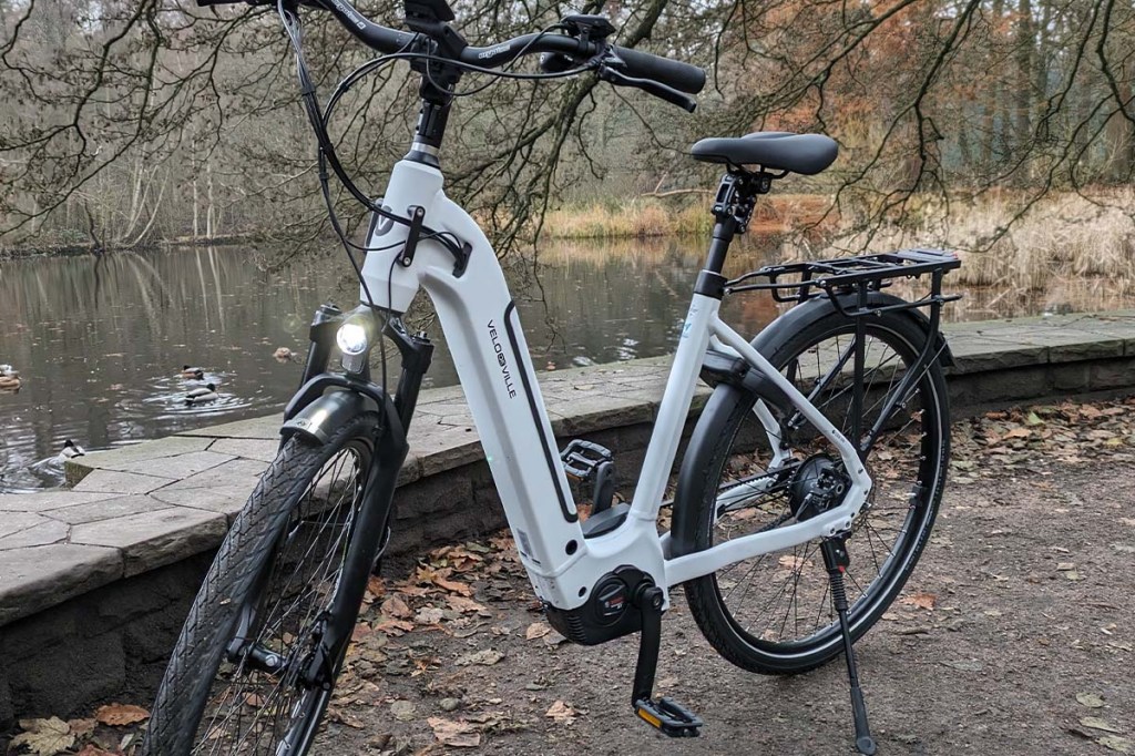 weißes E-Bike im Park stehend