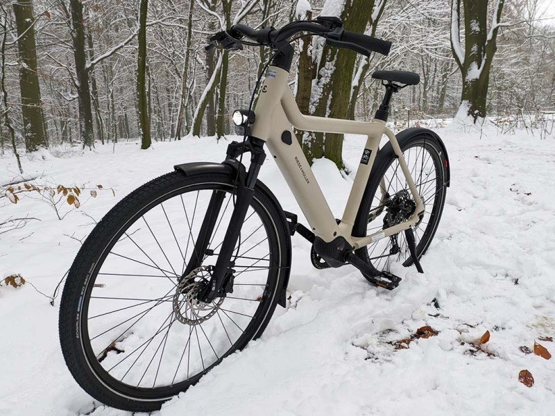 beige-farbenes E-Bike in winterlicher Landschaft stehend