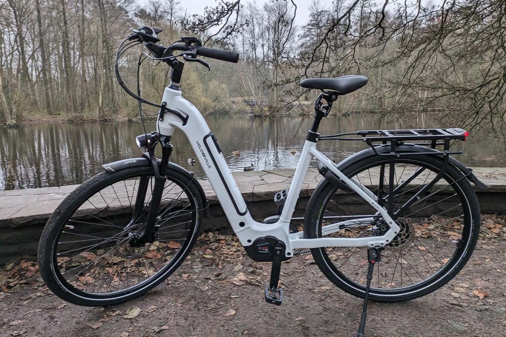 weißes E-Bike in einem Park stehend