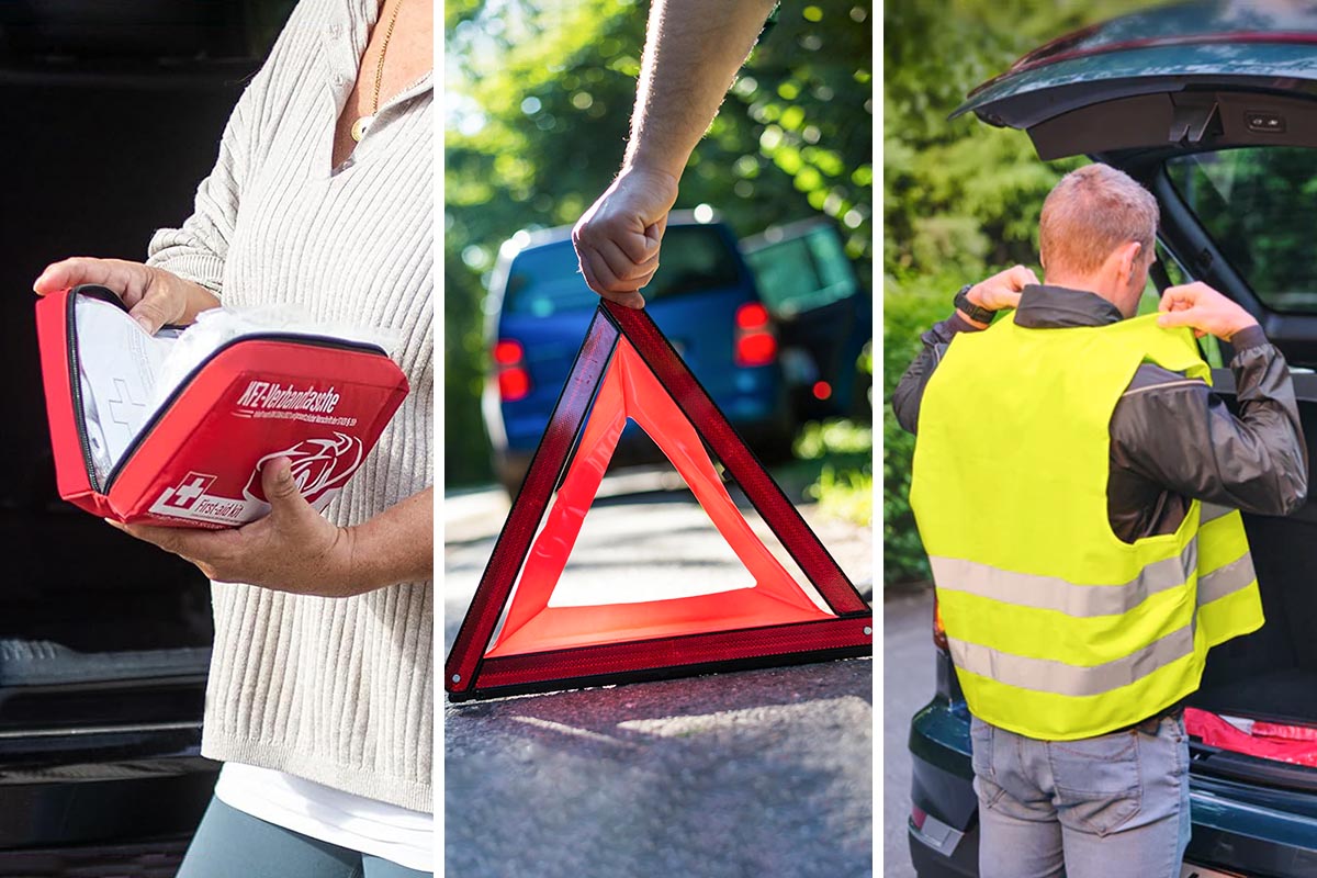 Produkte, die man im Auto besitzen sollte, auf einem dreigeteiltem Bild.