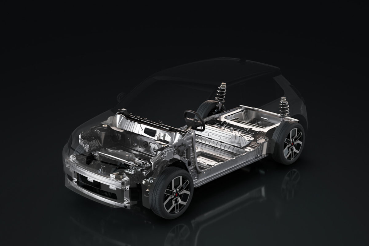 Explosionszeichung des Renault 5 E-Tech Electric basierend auf der neuen Plattform für vollelektrische E-Autos aus dem B-Segement– AmpR-Small-Plattform.