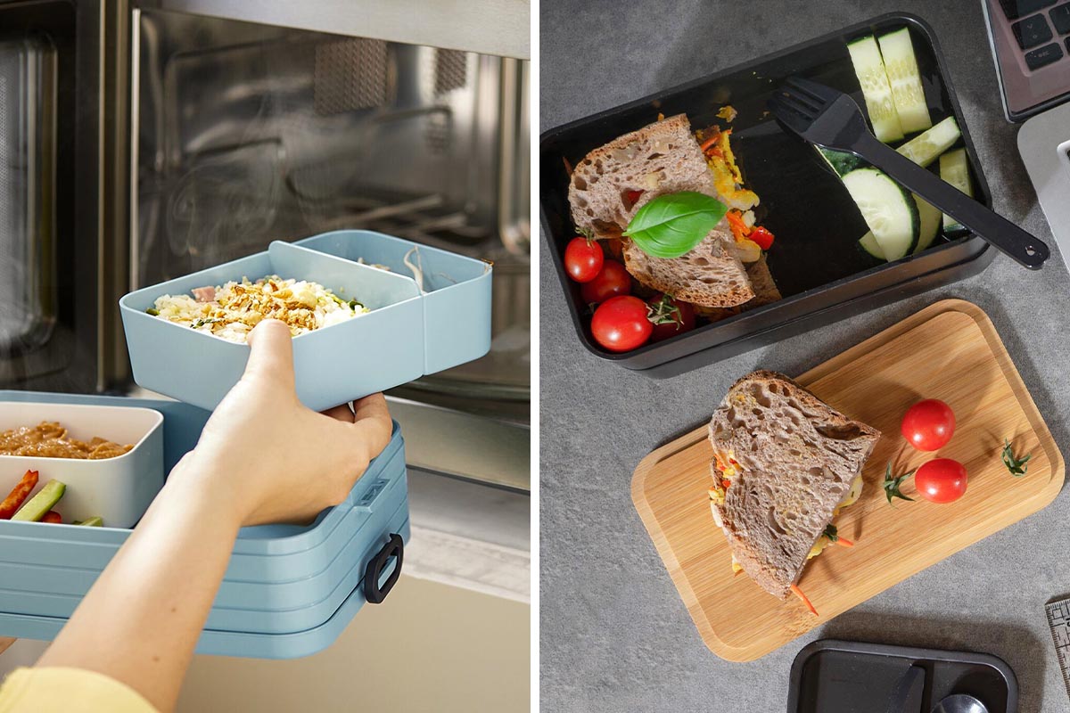 Befüllte Brotdosen verschiedener Hersteller in der Hand gehalten und auf einem Tisch.