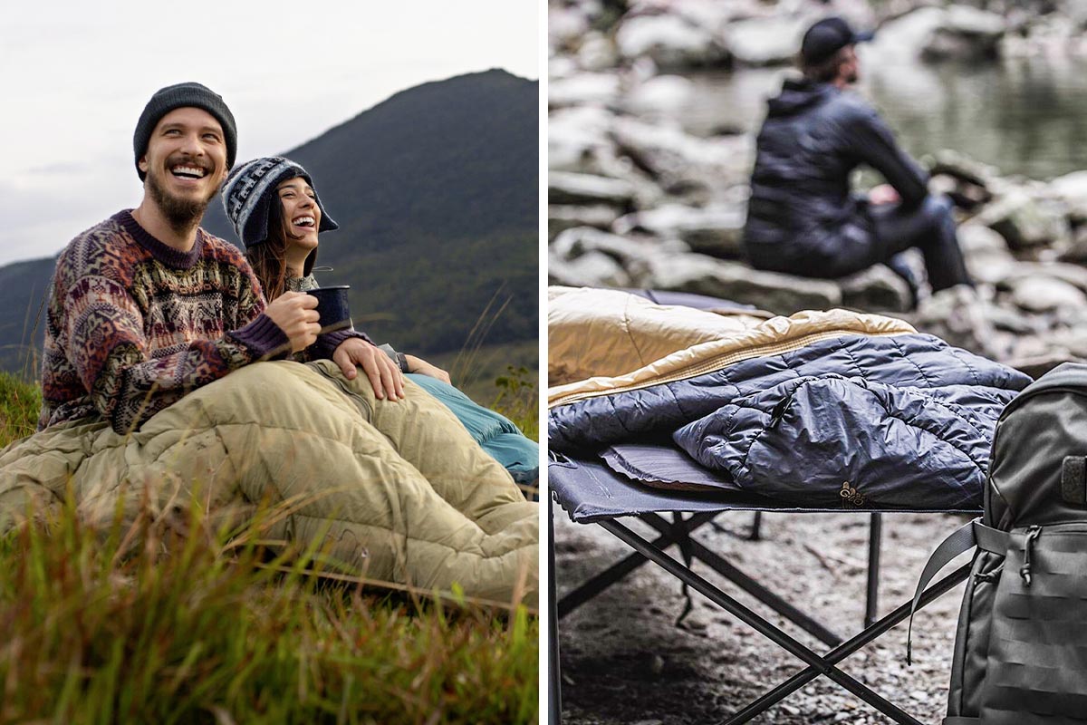 Ein zweigeteiltes Bild. Rechts: Schlafsack auf einer Liege neben einem Rucksack. Links: Zwei Menschen in einem Biwacksack auf der Wiese.