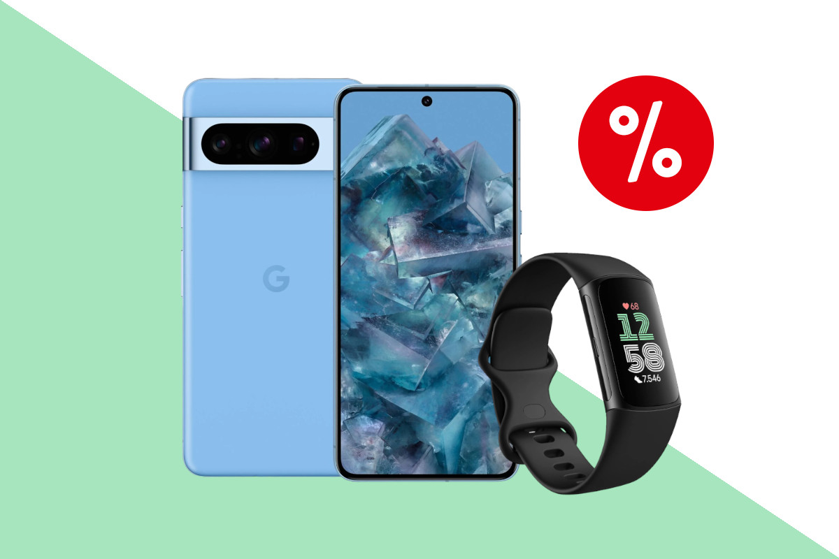 Blaues Google Pixel 8 Pro von vorne und hinten mit grau blauem Bildschirm, daneben schwarzer Fitnesstracker schräg von vorne auf hellgrün weißem Hintergrund mit rotem Prozentzeichen oben rechts