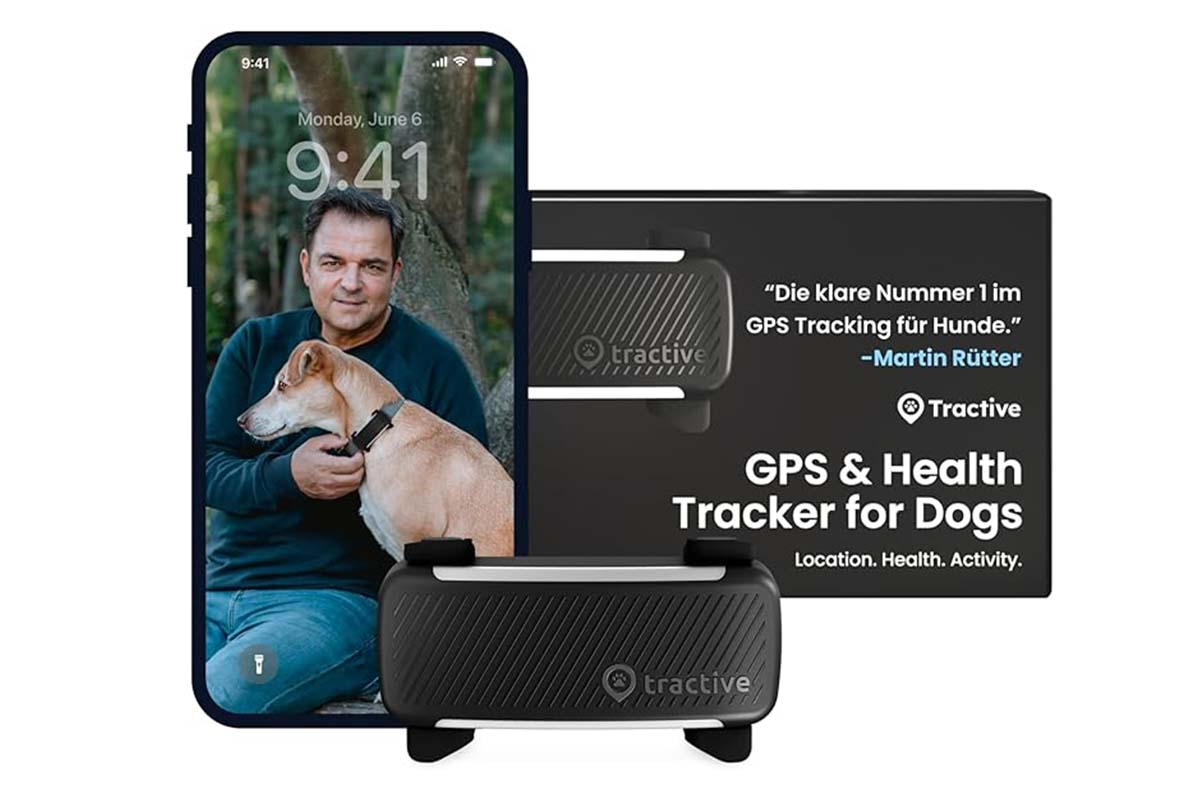 schwarzer GPS Tracker für Hunde, dazu Smartphonebildschirm, auf dem ein Mann und ein Hund zu sehen sind, dazu die Verpackung des Produkts
