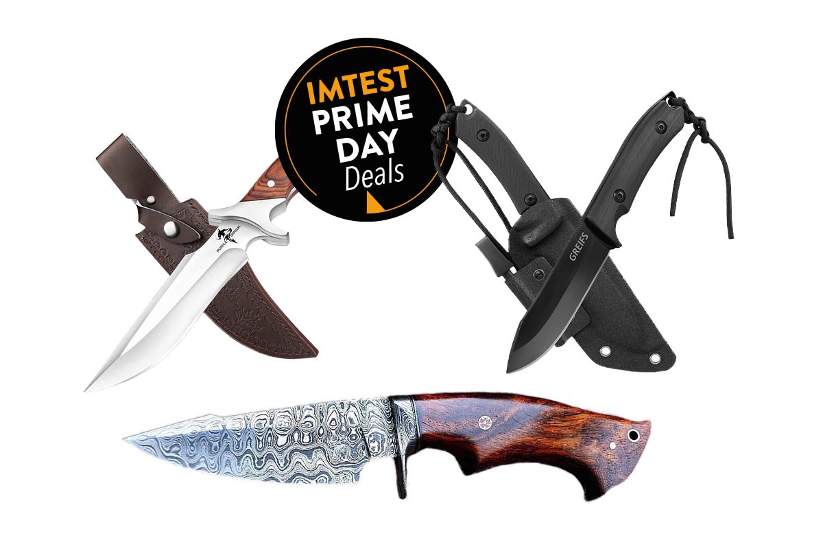 Drei Survivalmesser auf weißem Untergrund, dazu Amazon Prime Day Button