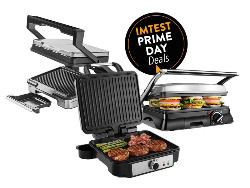 Kollage dreier Kontaktgrills auf weißem Untergrund, dazu Amazon Prime Day Button