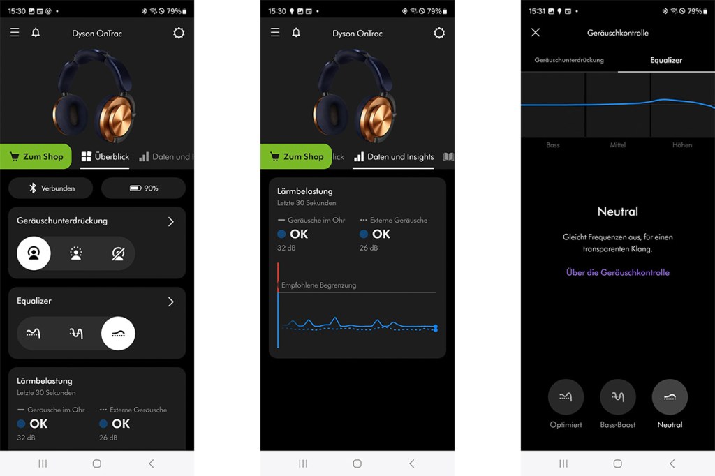Drei Screenshots aus der MyDyson-App zur Steuerung der Dyson OnTrac Kopfhörer.