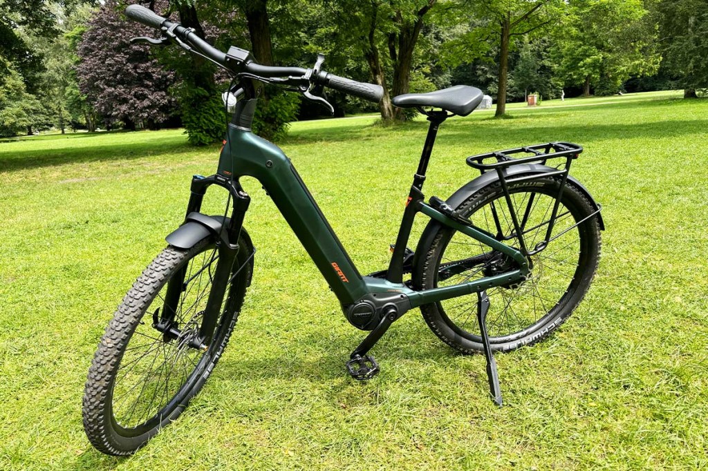 grünes E-Bike auf einer Wiese stehend