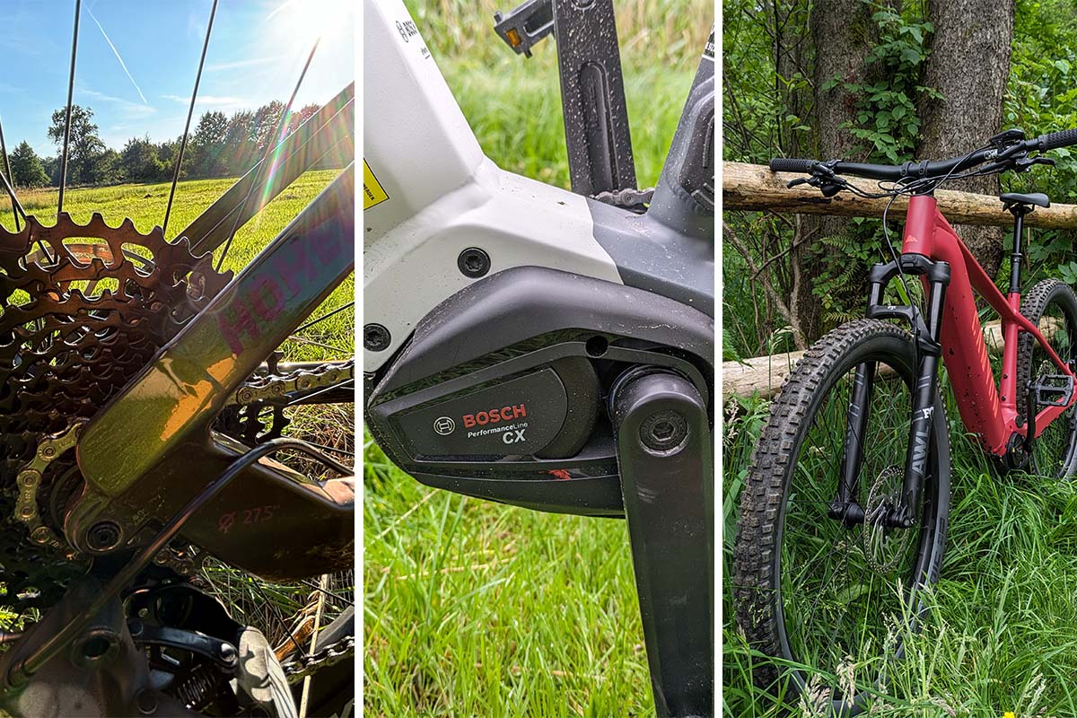 Dreigeteiltes Bild: Links Nahaufnahme Schaltwerk beim Fahrrad, Mitte Nahaufnahme MOtor von E-Bike, rechts Totale rotes E-MTB an einem Zaun lehnend