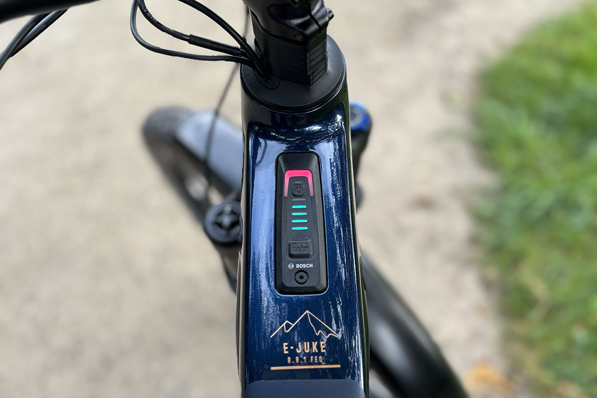 Detailbild Akkuanzeige auf Mittelstange bei einem E-Bike.