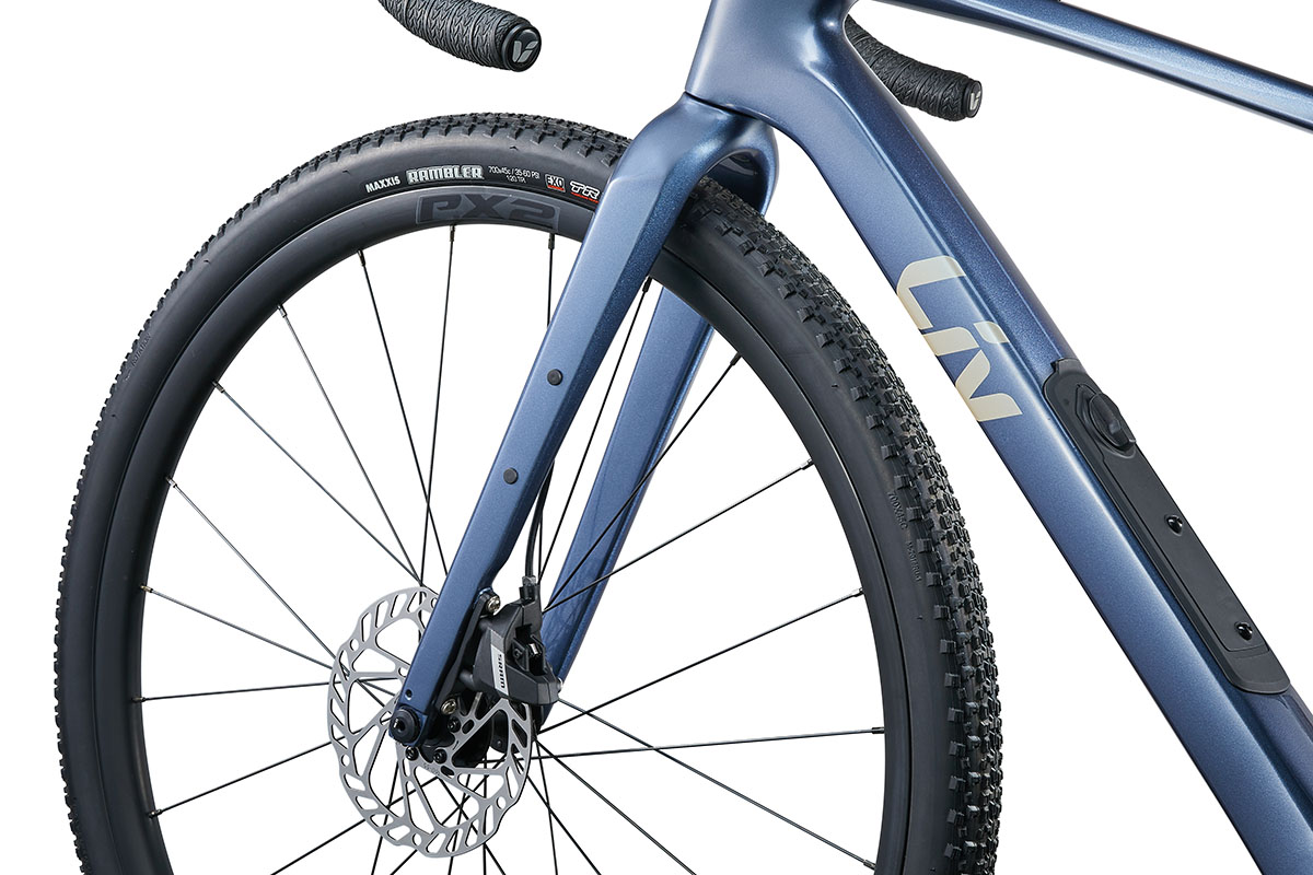 Detailansicht des Vorderrads vom Gravelbike Liv Devote Advanced 1 M.