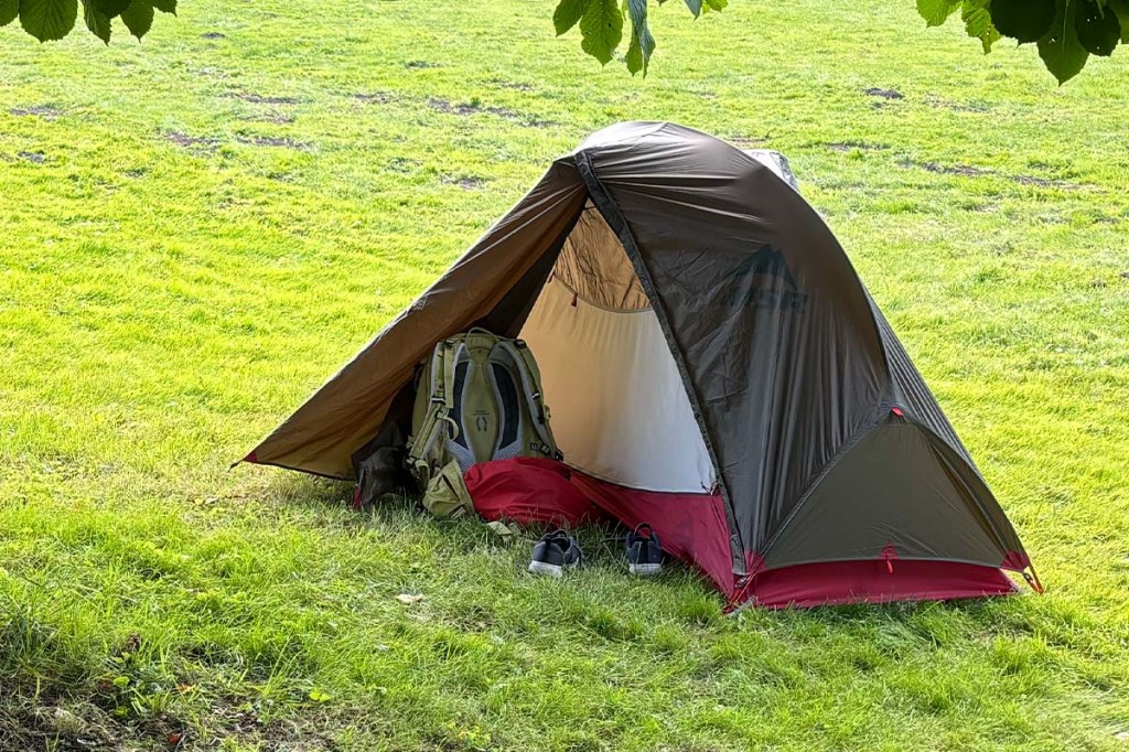 grünes ZElt auf einer Wiese stehend