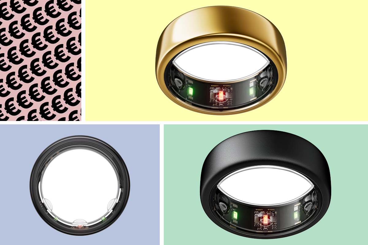 Kollage von drei Smart Rings, die jeweils auf einer bunten Kachel platziert sind