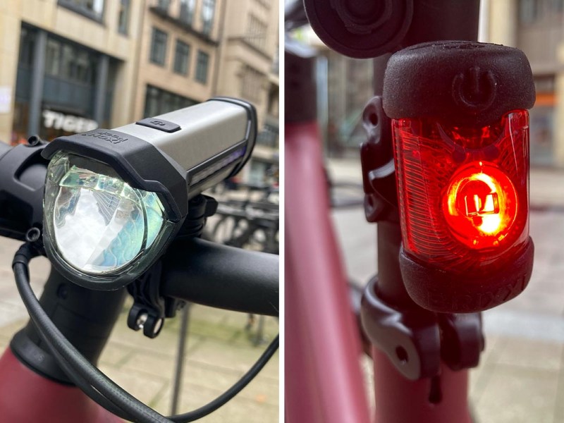 zweigeteiltes Bild, links Nahaufnahme eines Front-Fahrradlichts, rechts ein Fahrradrücklicht im Detail