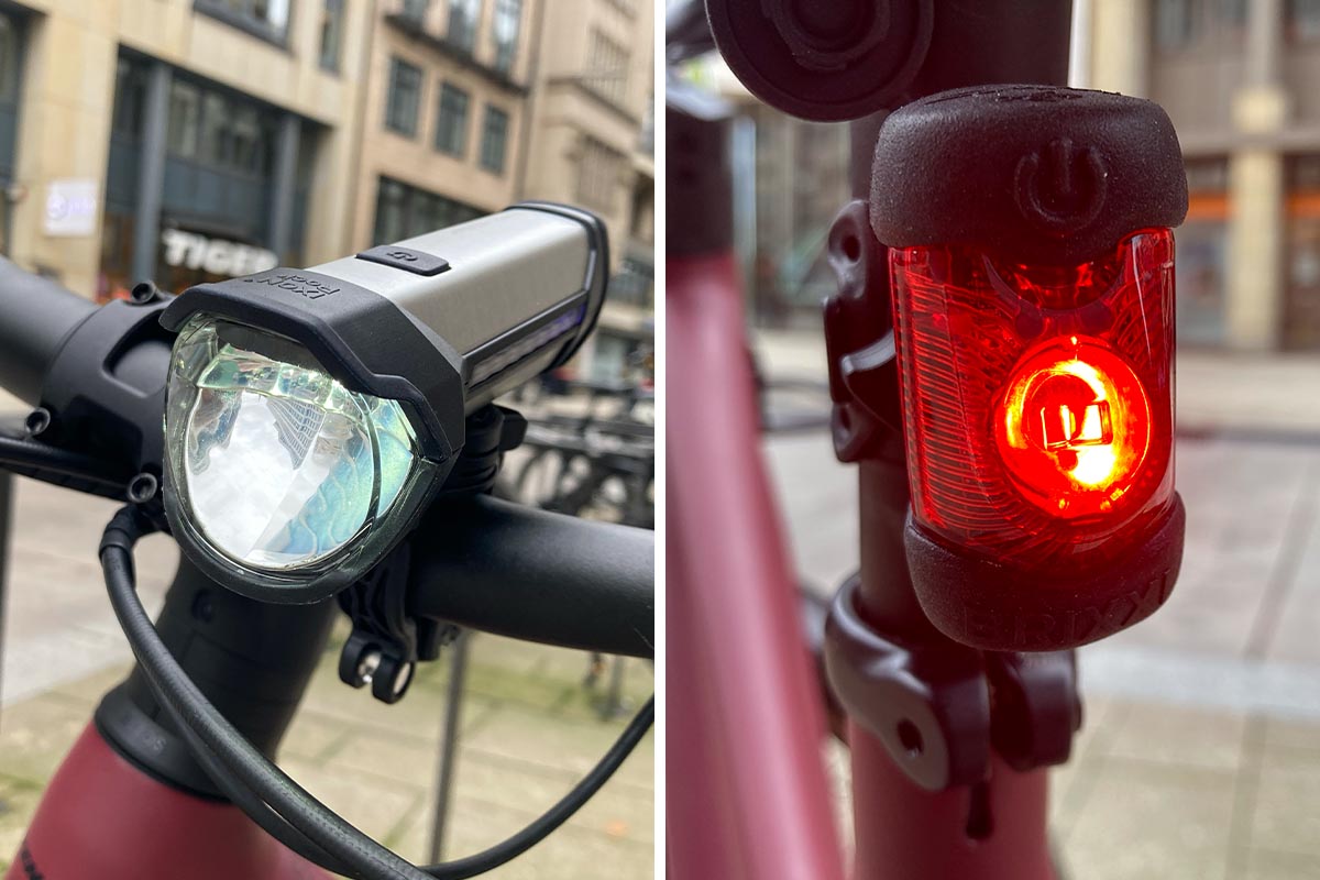 zweigeteiltes Bild, links Nahaufnahme eines Front-Fahrradlichts, rechts ein Fahrradrücklicht im Detail