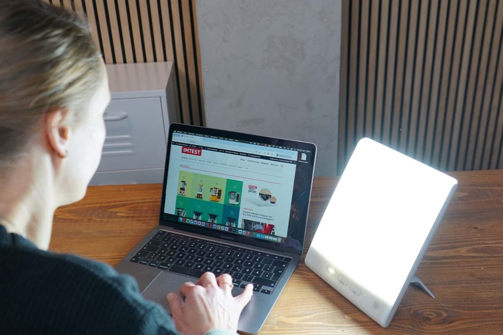 Overshoulder-blick einer Person auf einen Laptop, daneben steht eine Tageslichtlampe