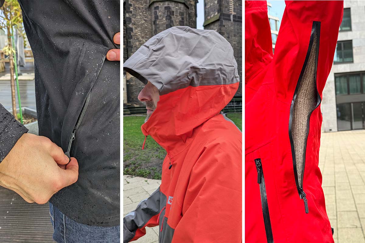 Dreigeteiltes Bild: links Nachaufnahme Tasche an einer Jacke, Hand öffnet Reißverschluss, mitte Person von der Seite mit Regenjacke, hat die Kapuze auf, rechts Nahaufnahme einer Unterarmbelüftung einer Jacke