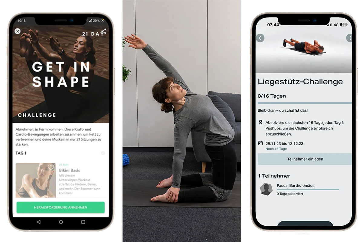 Ein dreigeteiltes Bild: rechts und links ein Smartphone mit geÃ¶ffneten Fitness-Apps, in der Mitte eine Frau in Sportpose.