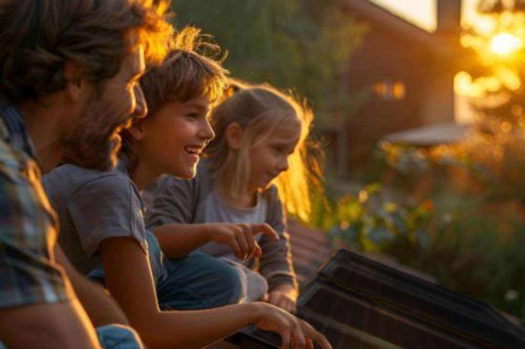 Vater mit Kindern sitzt im Sonnenuntergang an Solarmodulen.
