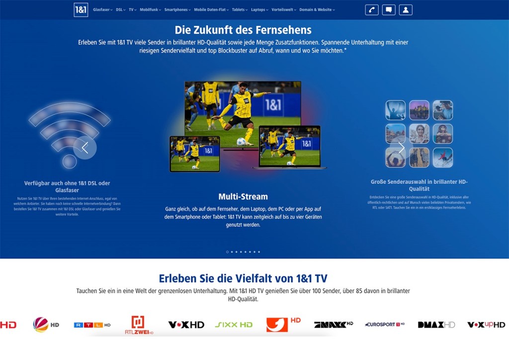 Screenshot vom IPTV-Angebot von 1und1