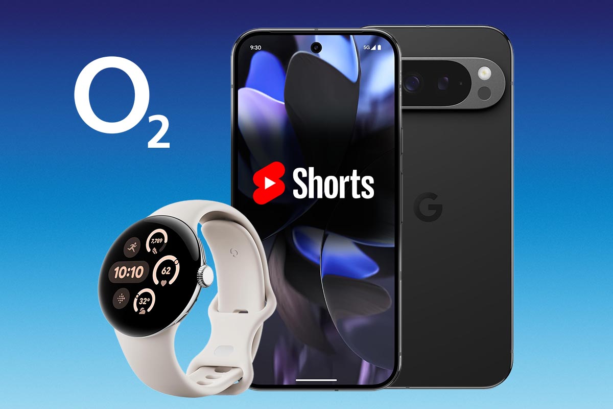 Google Pixel 9 Pro und Google Pixel Watch 3 vor blauem Hintergrund.