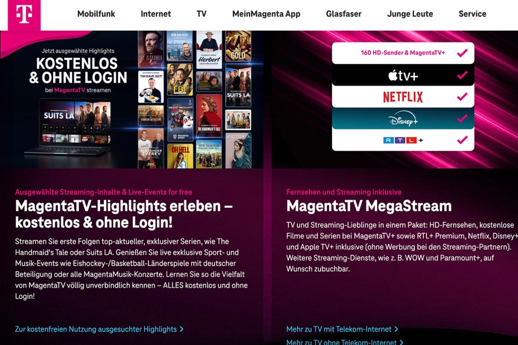 Screenshot vom IPTV-Angebot von der Telekom