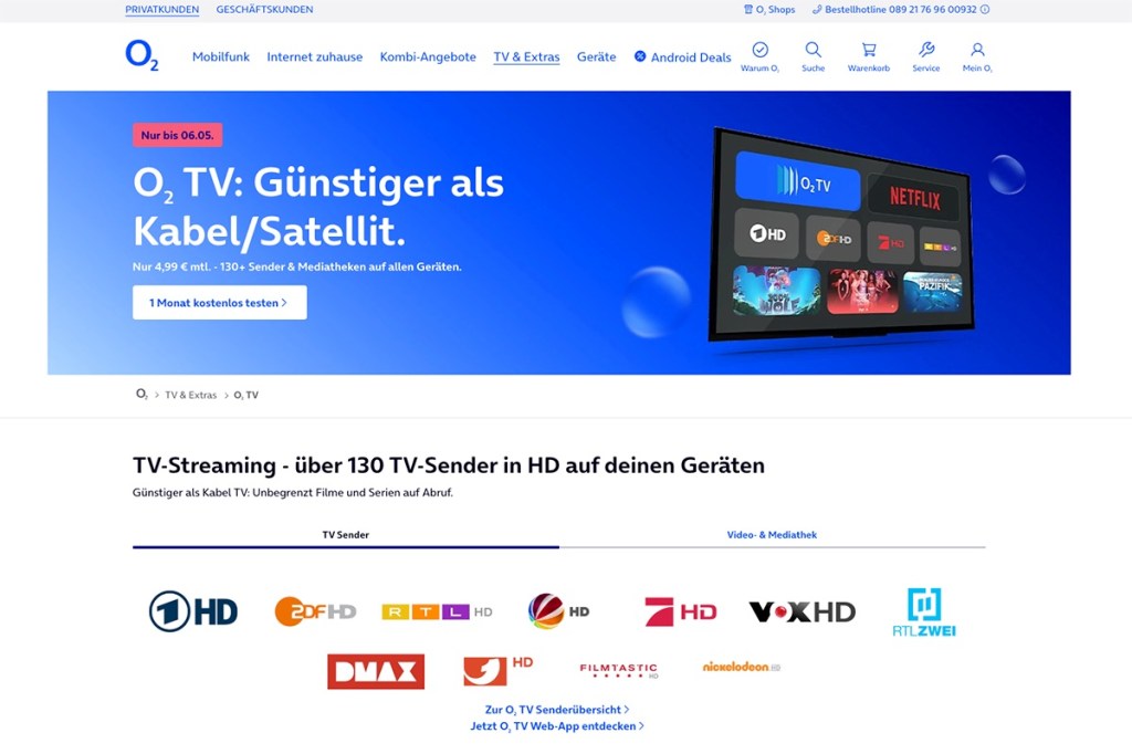 Screenshot vom IPTV-Angebot von O2