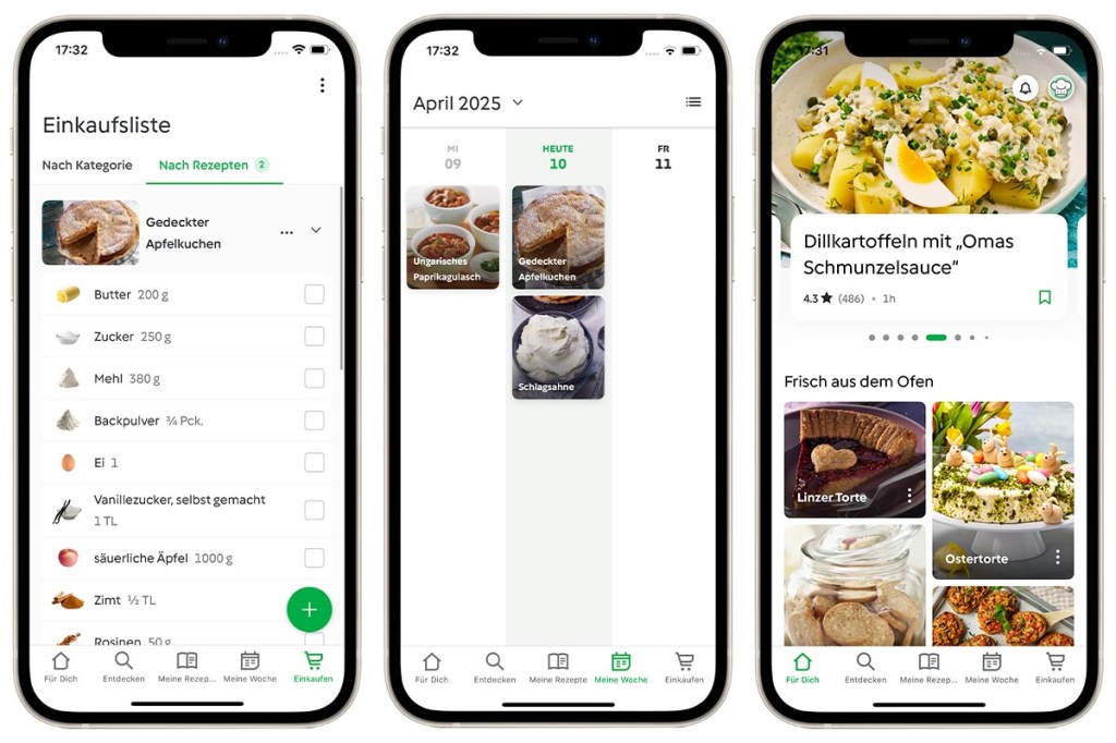 Drei Smartphones mit geöffneter Cookidoo-App. Links mit Einkaufsliste, mittig mit Wochenplan, rechts mit personalisierten Rezeptempfehlungen.