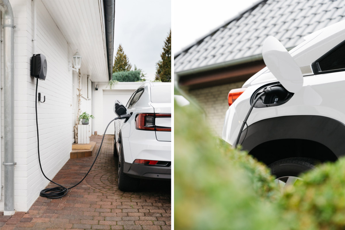 Zweigeteiltes Bild, E-Auto an Wallbox zum Laden angeschlossen